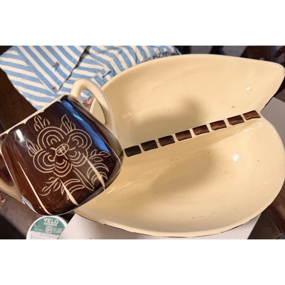 Vintage MCM Sgraffito Pottery Divided Serving Dish & Handled Bowl Brown Cream